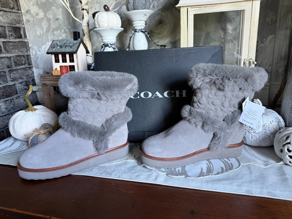 NWT COACH Izzie Heather Gray Signature Suede Boots Faux Fur Shoes Sz 6.5